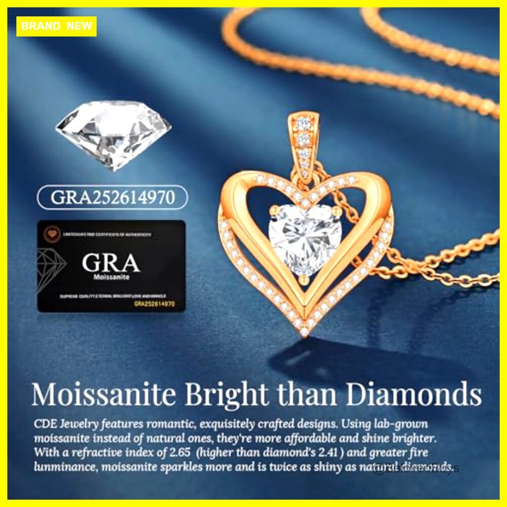 Moissanite Heart Pendant Necklace 925 Sterling Silver Gold Plated - Picture 4 of 7